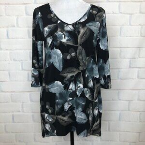 Clara Sun Woo Black Floral Stretch Knit Top Size XS 3/4 Sleeve